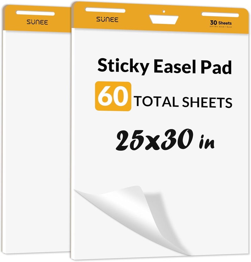 SUNEE Sticky Easel Pads, 25x30 Inches, 30 Sheets/Pad, 2 Pack – Self Stick Flip Chart Paper for Whiteboards, Premium Large White Chart Paper - Image 1